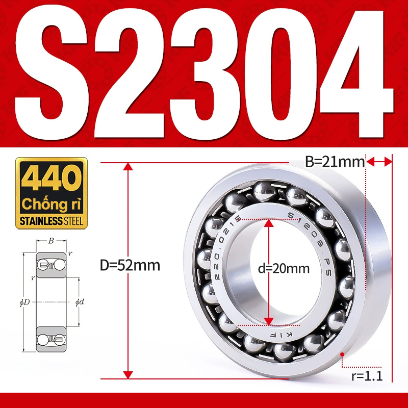 Vòng bi - bạc đạn tự lựa S2304 (Chống ăn mòn - Inox 404C - 20*52*21 mm)