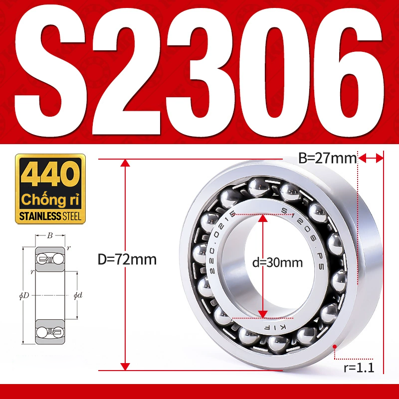 Vòng bi - bạc đạn tự lựa S2306 (Chống ăn mòn - Inox 404C - 30*72*27 mm)