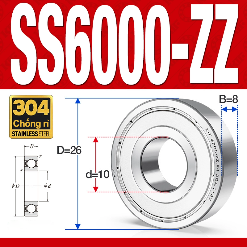 Vòng bi - bạc đạn SS6000-ZZ (Chống ăn mòn - Inox 304 - phớt kim loại - 10*26*8 mm)