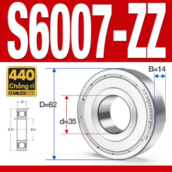 Vòng bi - bạc đạn S6007-ZZ  (Tốc độ cao - Inox 440C - phớt kim loại - 35*62*14 mm)