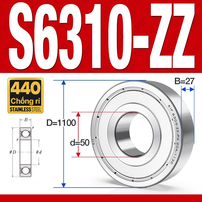 Vòng bi - bạc đạn S6310-ZZ  (Tốc độ cao - Inox 440C - phớt kim loại - 50*110*27 mm)
