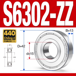 Vòng bi - bạc đạn S6302-ZZ  (Tốc độ cao - Inox 440C - phớt kim loại - 15*42*13 mm)