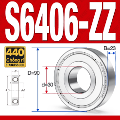 Vòng bi - bạc đạn S6406-2RS  (Tốc độ cao - Inox 440C - phớt cao su - 30*90*23 mm)