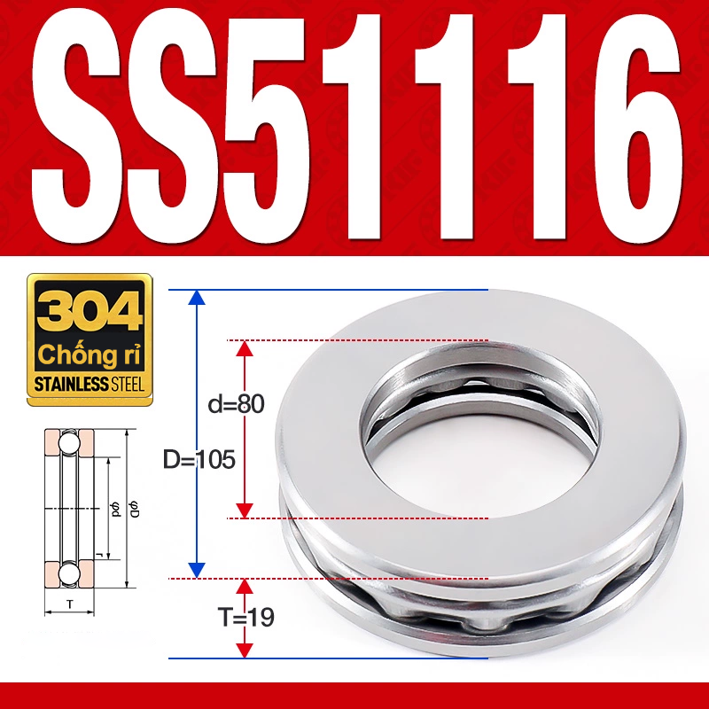Vòng bi - bạc đạn SS51116 (Chặn trục - Inox 304 - 80*105*19 mm)