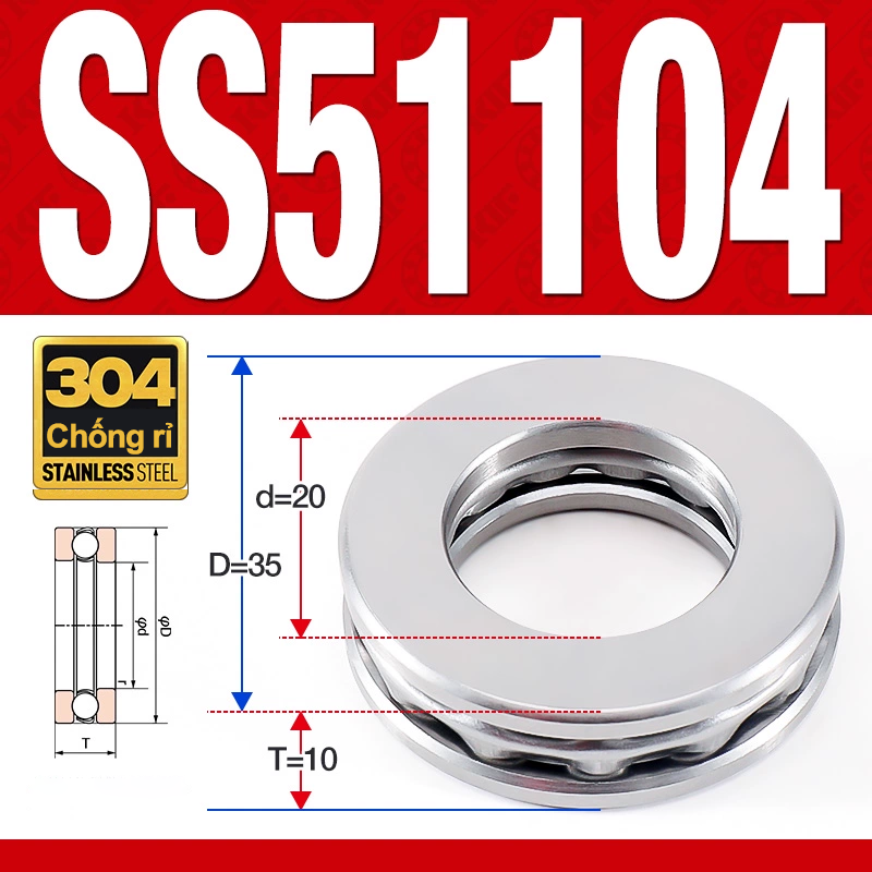 Vòng bi - bạc đạn SS51104 (Chặn trục - Inox 304 - 20*35*10 mm)