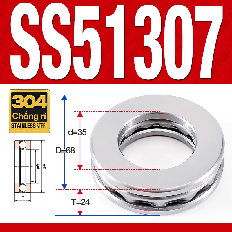 Vòng bi - bạc đạn SS51307 (Chặn trục - Inox 304 - 35*68*24 mm)