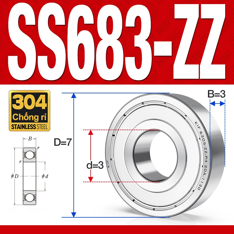 Vòng bi - bạc đạn SS683-ZZ (Chống ăn mòn - Inox 304 -  3*7*3 mm)