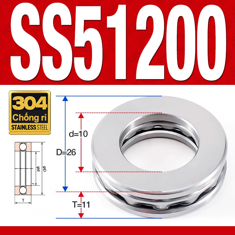 Vòng bi - bạc đạn SS51200 (Chặn trục - Inox 304 - 10*26*11 mm)