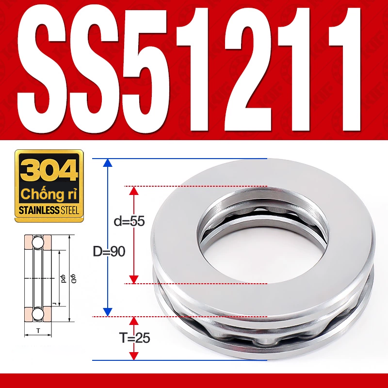 Vòng bi - bạc đạn SS51211 (Chặn trục - Inox 304 - 55*90*25 mm)