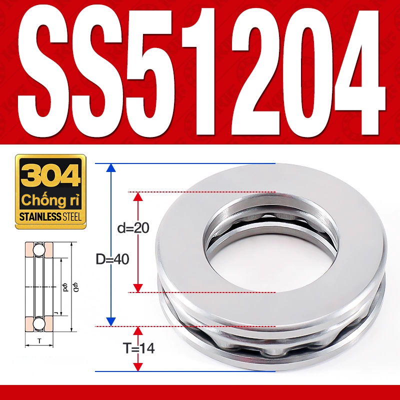 Vòng bi - bạc đạn SS51204 (Chặn trục - Inox 304 - 20*40*14 mm)