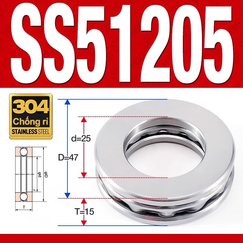Vòng bi - bạc đạn SS51205 (Chặn trục - Inox 304 - 25*47*15 mm)