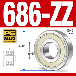 Vòng bi - bạc đạn  686-ZZ (Phớt kim loại -  6*13*5 mm)