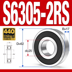 Vòng bi - bạc đạn S6305-2RS  (Tốc độ cao - Inox 440C - phớt cao su - 25*62*17 mm)