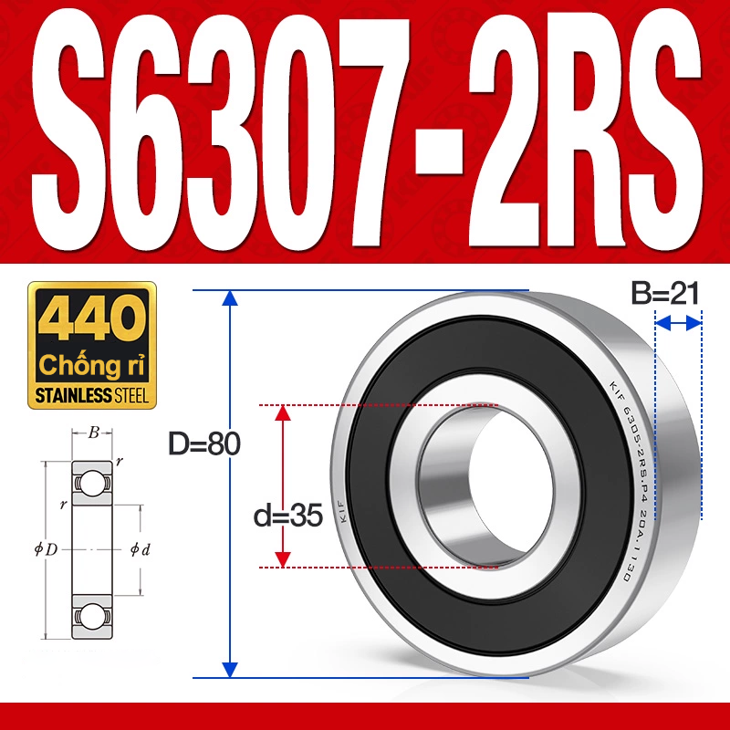 Vòng bi - bạc đạn S6307-2RS  (Tốc độ cao - Inox 440C - phớt cao su - 35*80*21 mm)