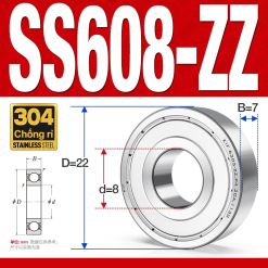 Vòng bi - bạc đạn mini SS608-ZZ (Chống ăn mòn - Inox 304 -  8*22*7 mm)