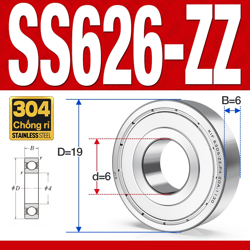 Vòng bi - bạc đạn mini SS626-ZZ (Chống ăn mòn - Inox 304 - 6*19*6 mm)