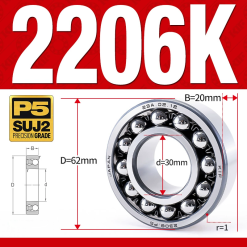 Vòng bi - bạc đạn tự lựa 2206K (Lỗ côn - 30*62*20 mm)