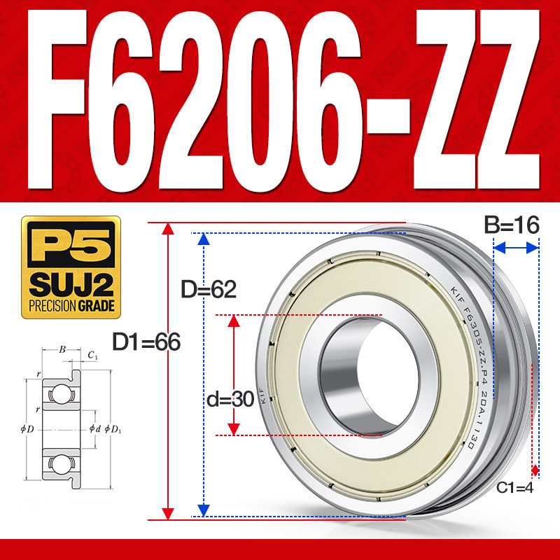 Vòng bi - bạc đạn F6206-ZZ  (Mặt bích - phớt kim loại - 30*62*16 mm)