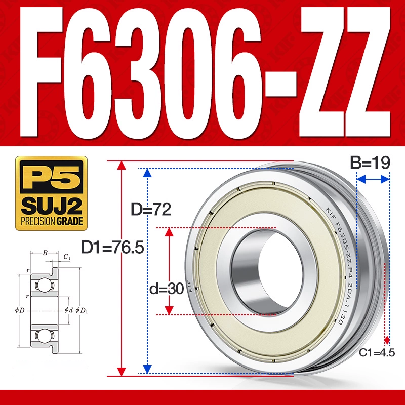 Vòng bi - bạc đạn F6306-ZZ  (Mặt bích - phớt kim loại - 30*72*19 mm)