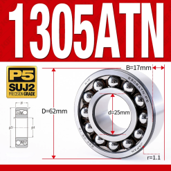 Vòng bi - bạc đạn tự lựa 1305ATN  (Chịu nhiệt - vòng cách bi Nylon - 25*62*17 mm)