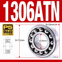 Vòng bi - bạc đạn tự lựa 1306ATN  (Chịu nhiệt - vòng cách bi Nylon - 30*72*19 mm)