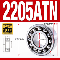 Vòng bi - bạc đạn tự lựa 2205ATN  (Chịu nhiệt - vòng cách bi Nylon - 25*52*18 mm)