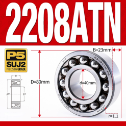 Vòng bi - bạc đạn tự lựa 2208ATN  (Chịu nhiệt - vòng cách bi Nylon - 40*80*23 mm)