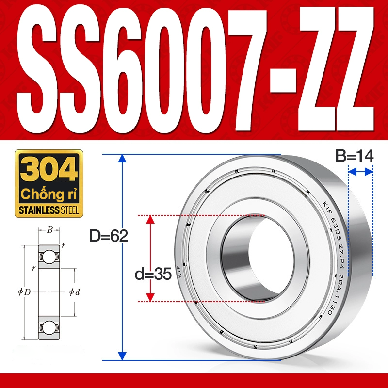 Vòng bi - bạc đạn SS6007-ZZ (Chống ăn mòn - Inox 304 - phớt kim loại - 35*62*14 mm)