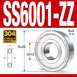 Vòng bi - bạc đạn SS6001-ZZ (Chống ăn mòn - Inox 304 - phớt kim loại - 12*28*8 mm)