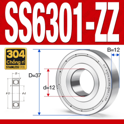 Vòng bi - bạc đạn SS6301-ZZ (Chống ăn mòn - Inox 304 - phớt kim loại - 12*37*12 mm)