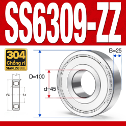Vòng bi - bạc đạn SS6309-ZZ (Chống ăn mòn - Inox 304 - phớt kim loại - 45*100*25 mm)