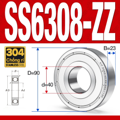Vòng bi - bạc đạn SS6308-ZZ (Chống ăn mòn - Inox 304 - phớt kim loại - 40*90*23 mm)